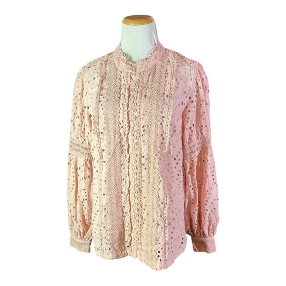 Boston Proper Size L Button-Front Eyelet Lace Blouse Pink - Picture 1 of 8